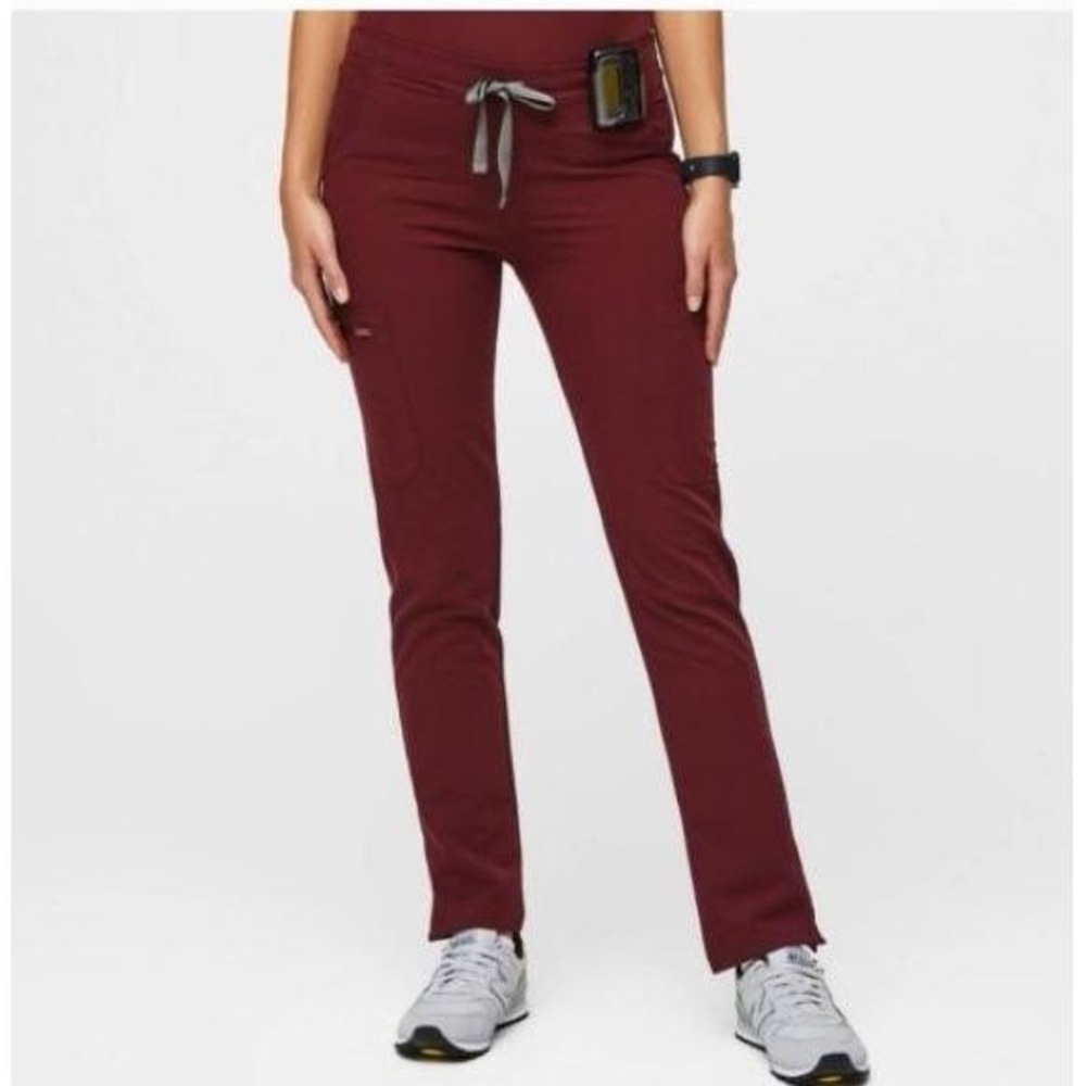 Figs Pants Womens Small Petite Burgundy Skinny Straight Leg Drawstring Pockets